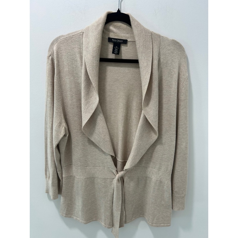White House Black Market Shawl Collar Tie Waist Cardigan XL Beige Heather Knit